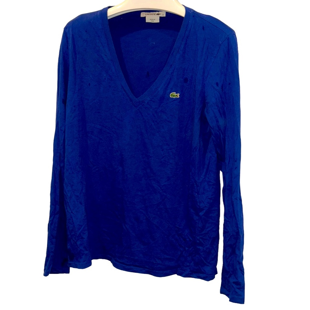 Long Sleeve Polo shirt Lacoste royal blue fine cotton v neck sweater top 38 M